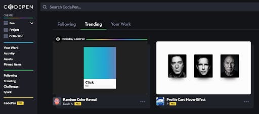 screenshot of the codepen.io trending feed, powered by the Stream Feeds backend
