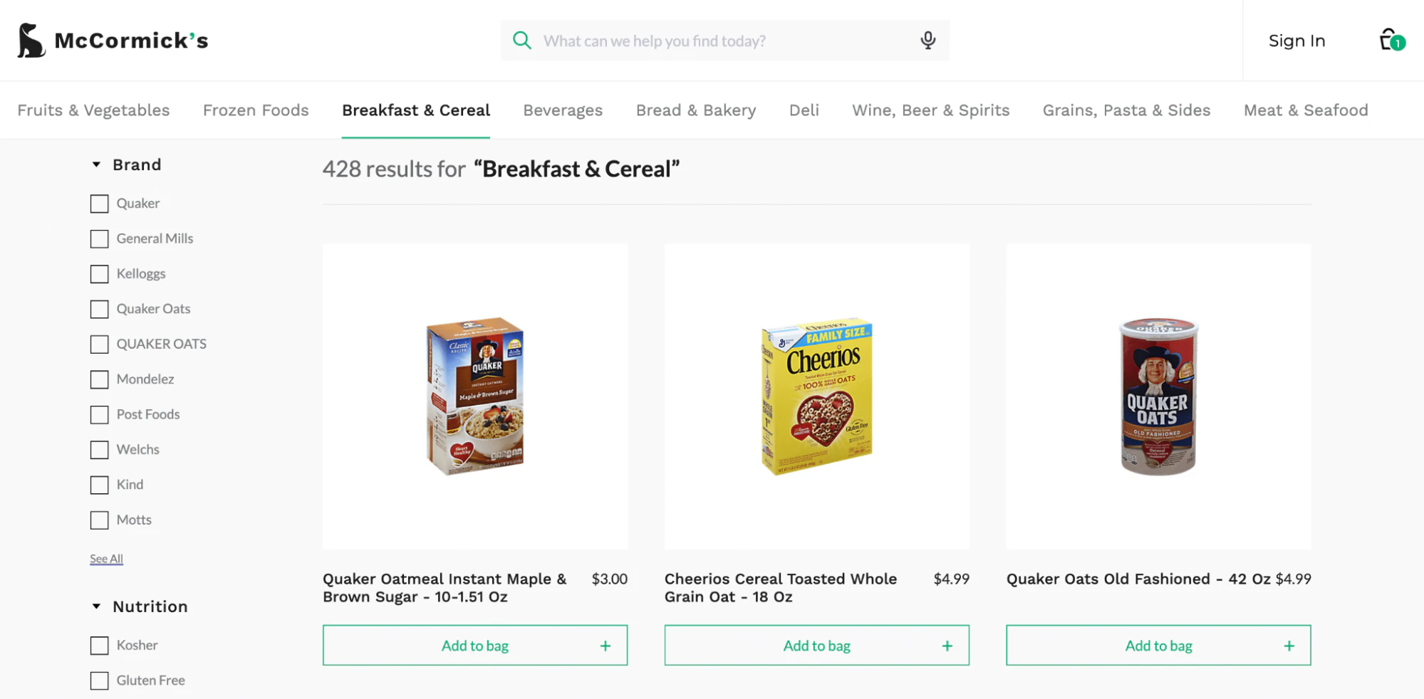 eCommerce search page displaying cereal products with semantic filtering options