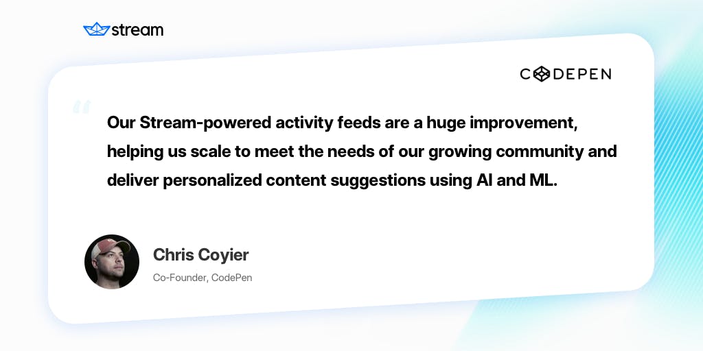 styled quote with headshot from CodePen co-founder Chris Coyier explaining the benefits of Stream Activity Feeds