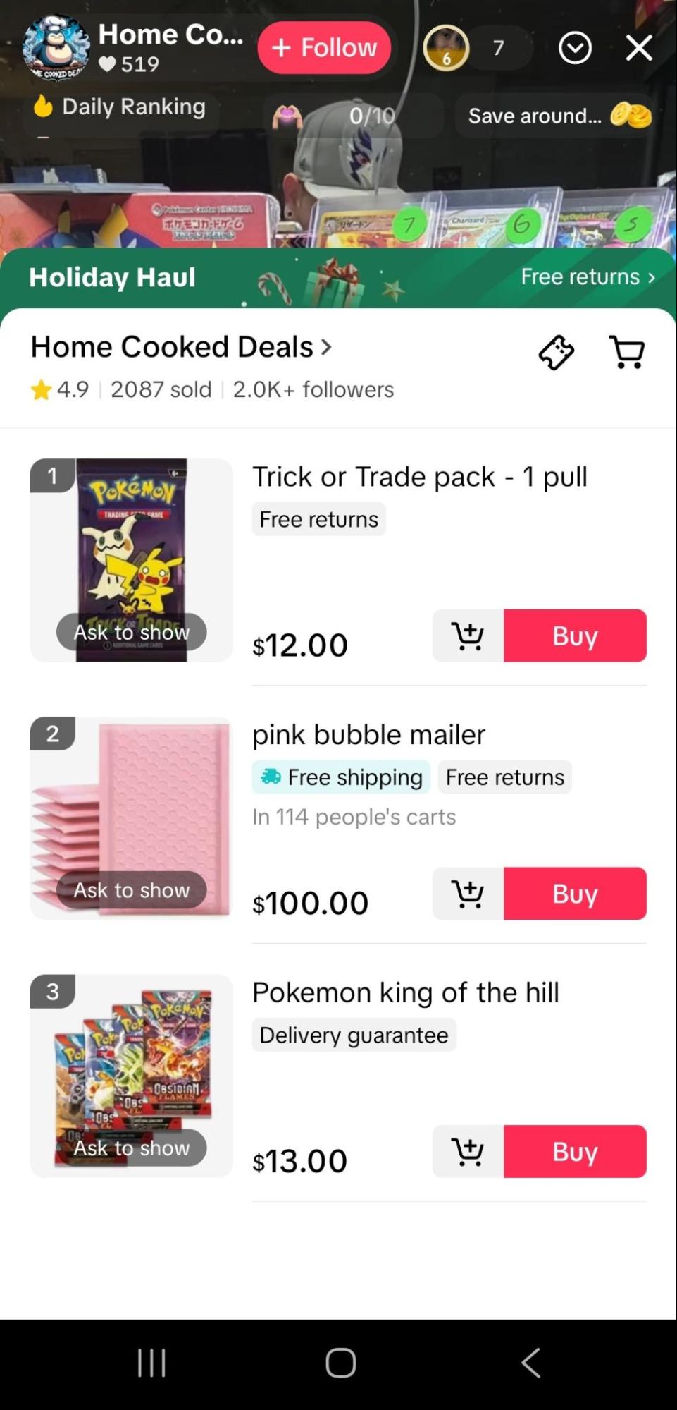A screenshot of the live shopping UI showing the "Ask to show" button