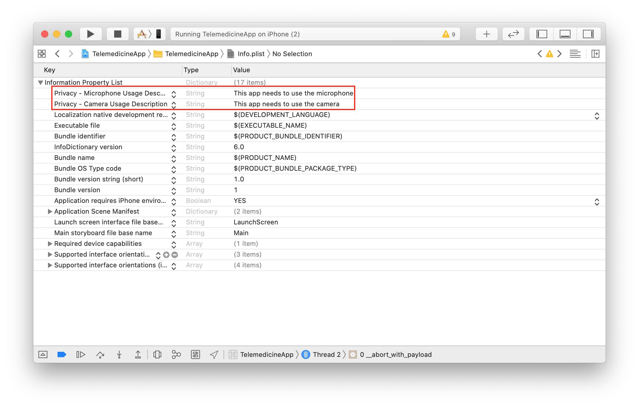 Image shows the Info.plist file with the two usage descriptions defined