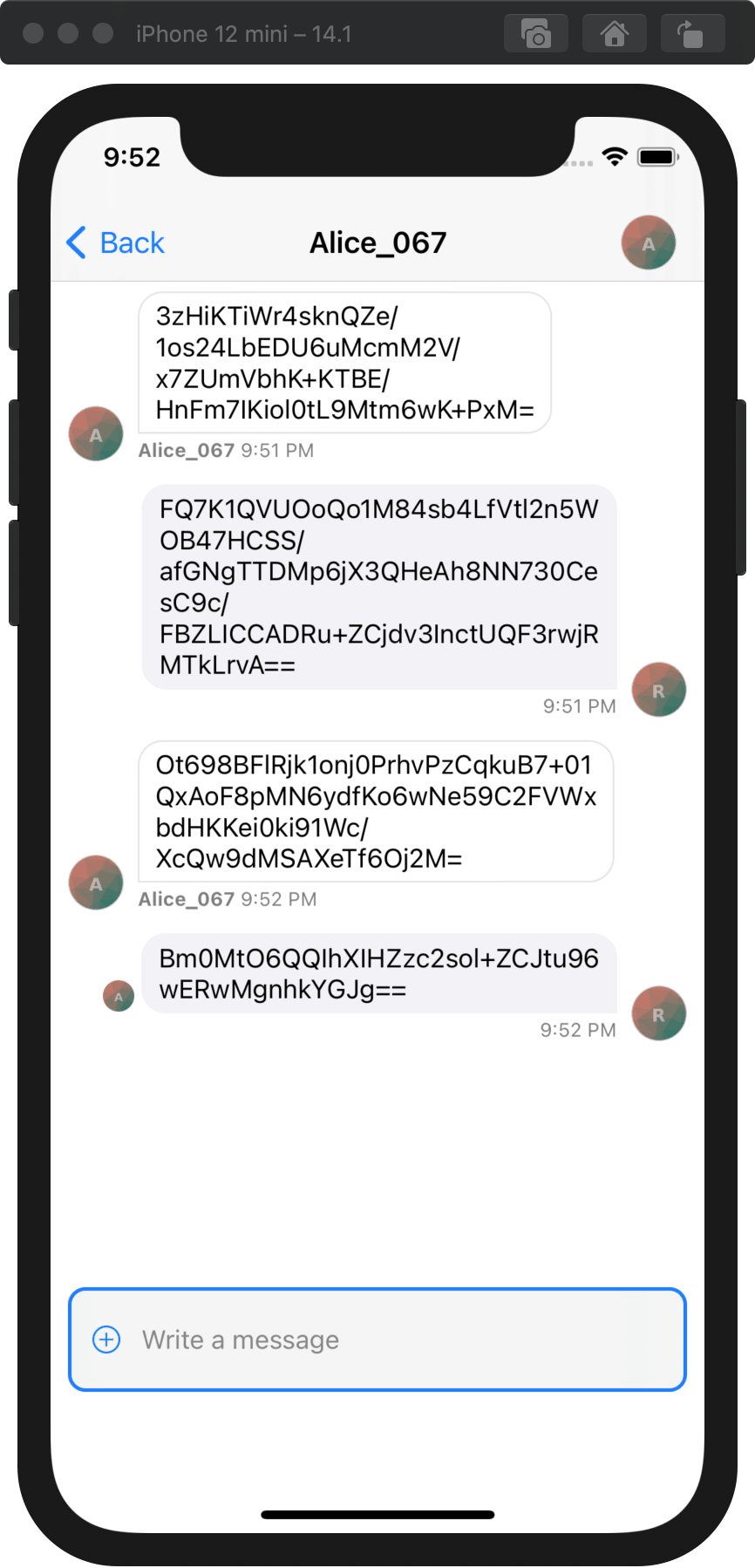 Animation shows an encrypted chat screen alternating every second between encrypted and decrypted messages