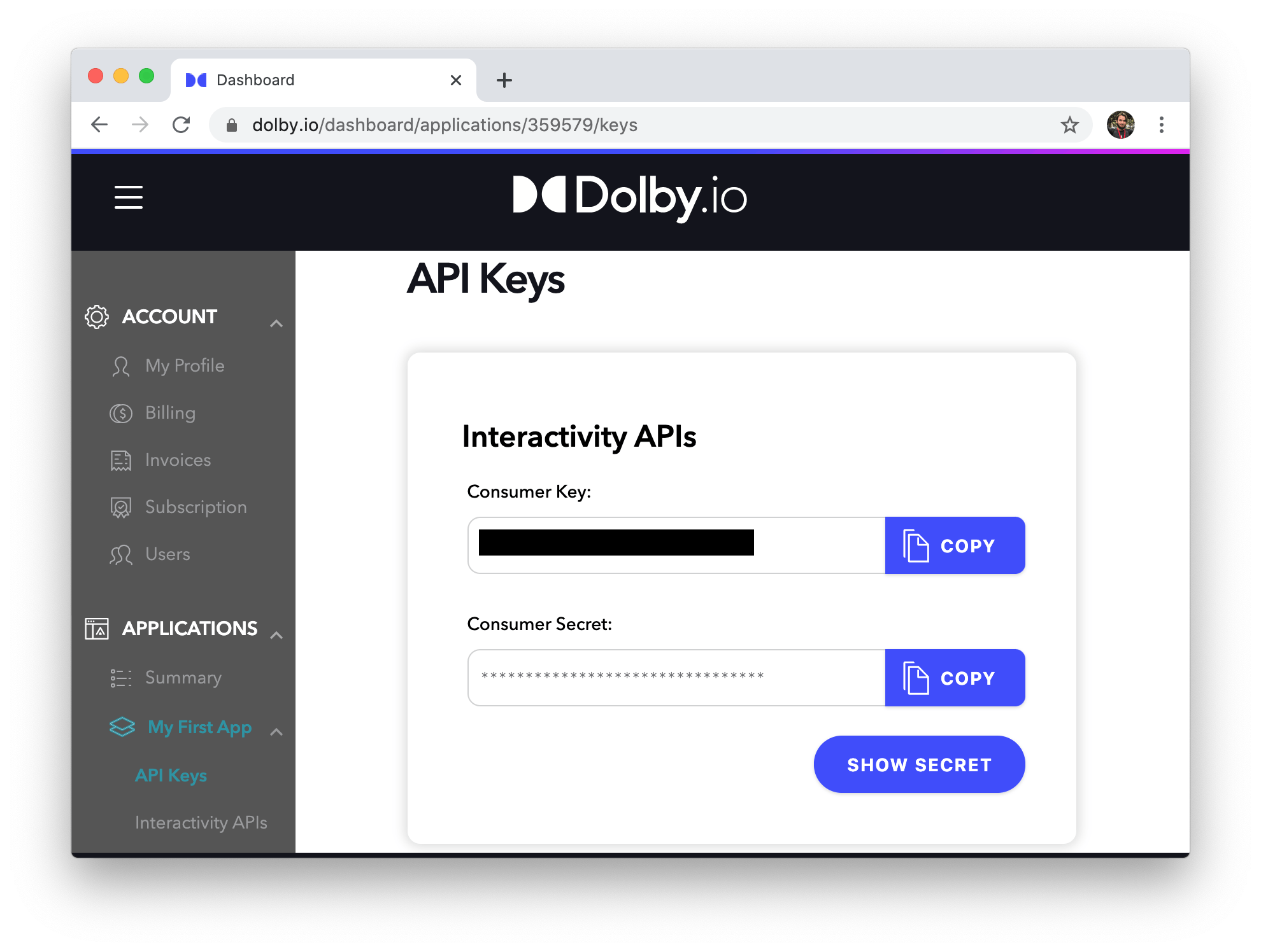 Screenshot of credentials on dolby.io dashboard