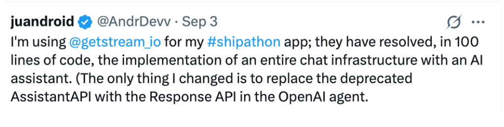@juandroid Tweet on building with Stream