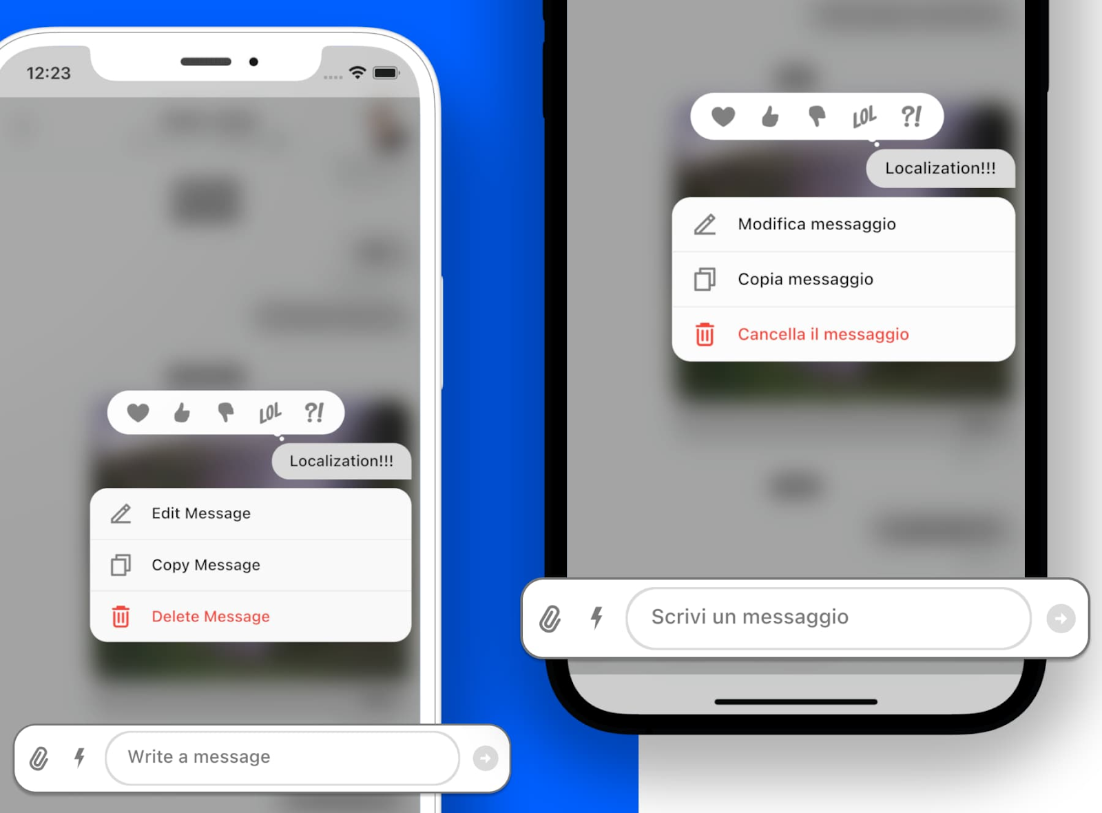 split screen showing in-app message translation from english to italian