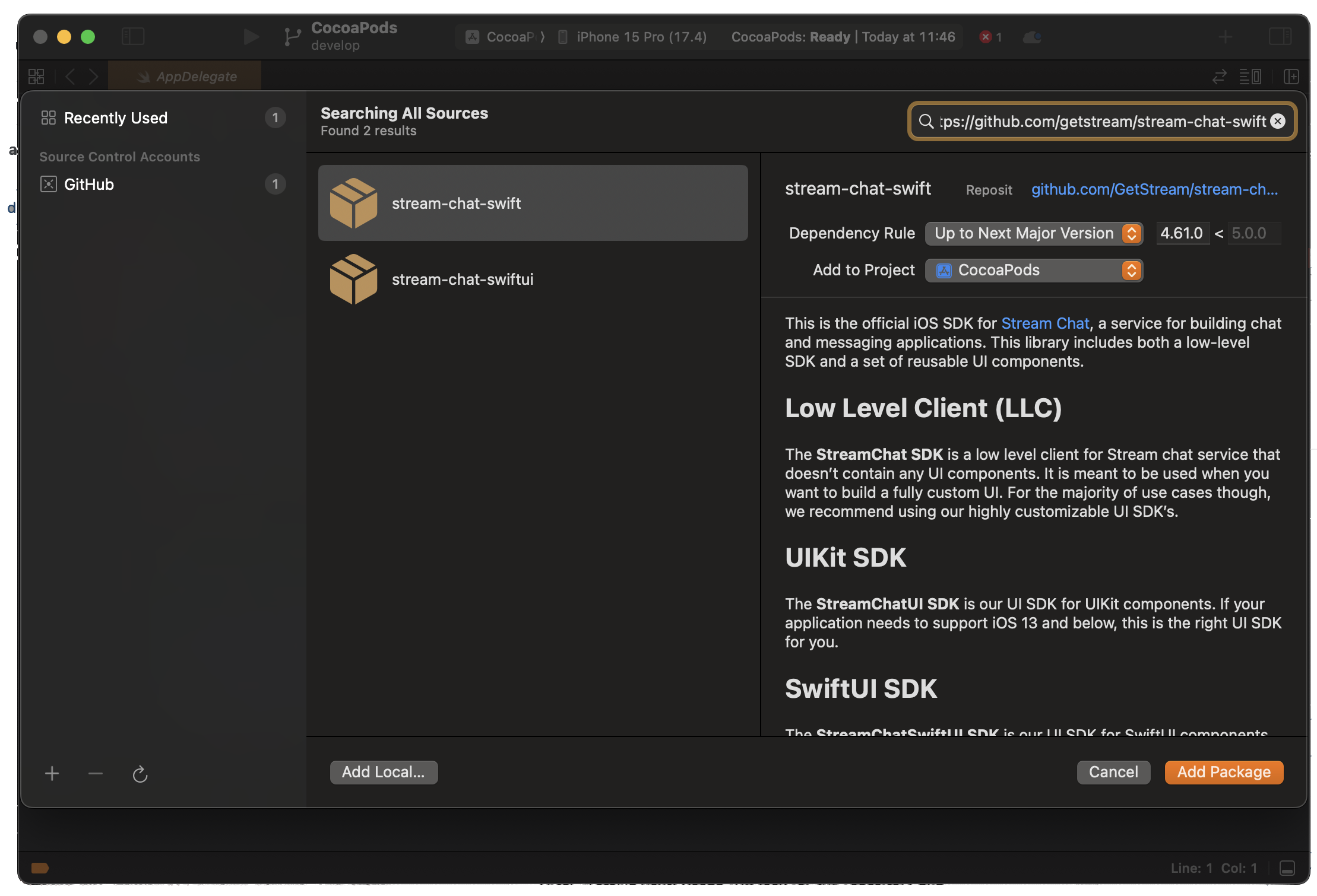 Screenshot shows Xcode with the Add Package Dependency dialog opened and Stream Chat iOS SDK GitHub URL in the input field