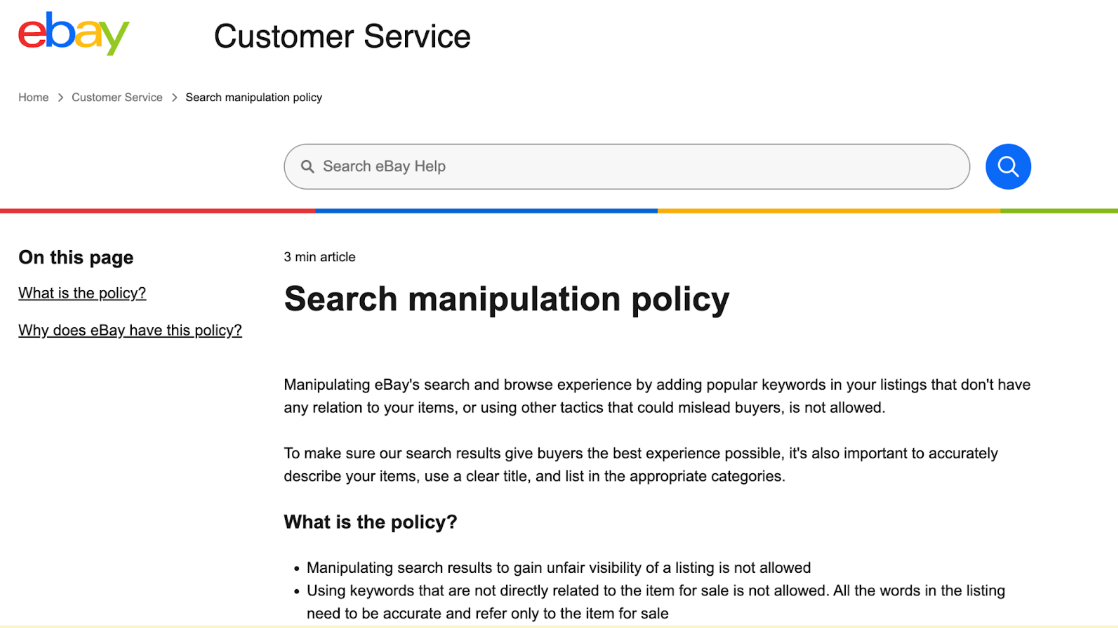 Screenshot from eBay's website showing their policy on keyword stuffing and search manipulation