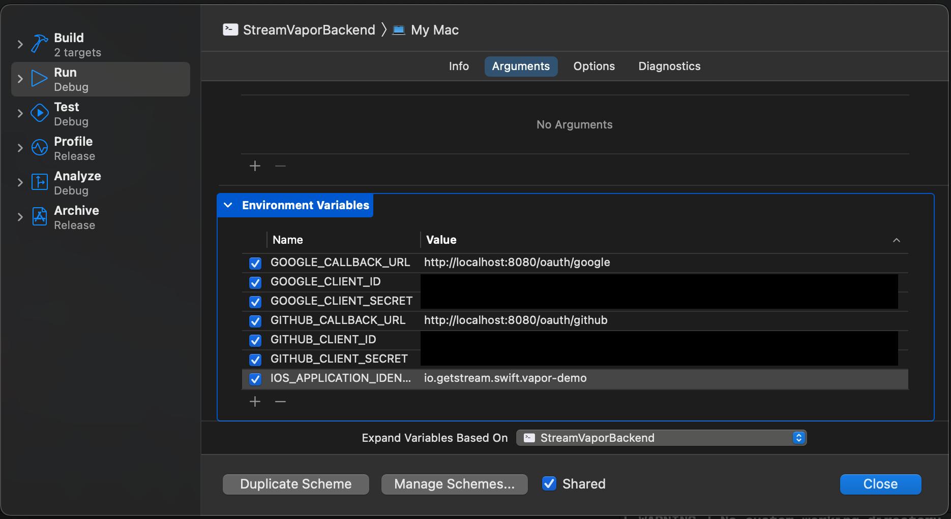 SiWA XCode Vapor Environment Variables