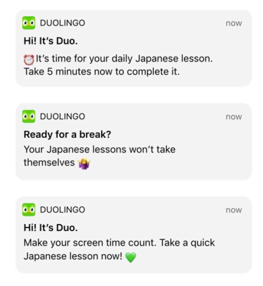 Examples of Duolingo push notifications