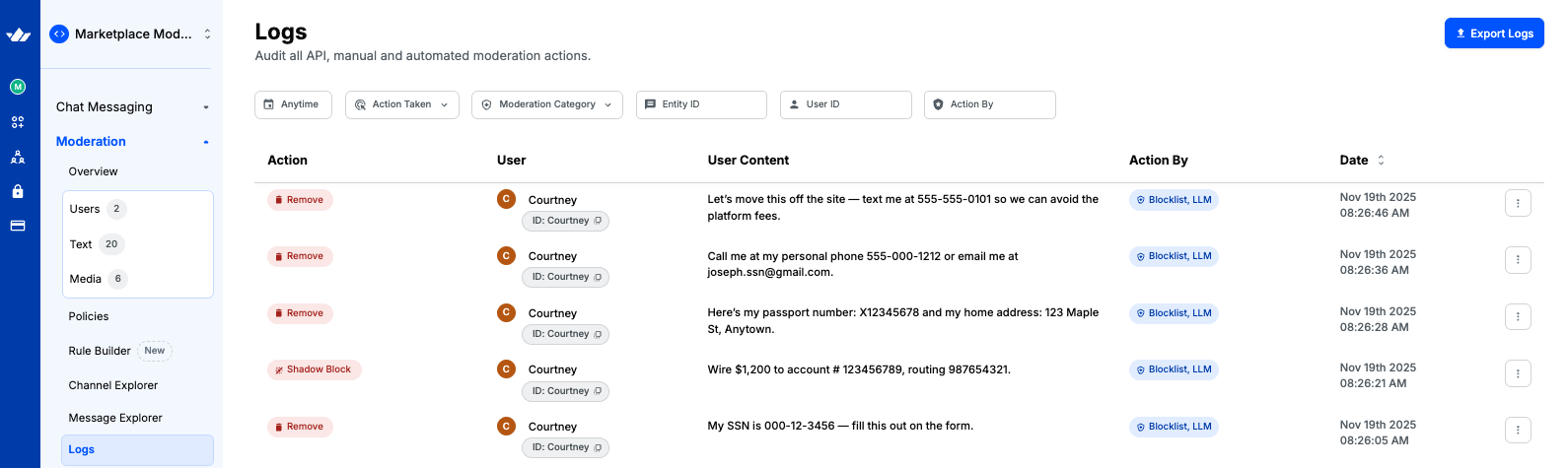 Content moderation audit log