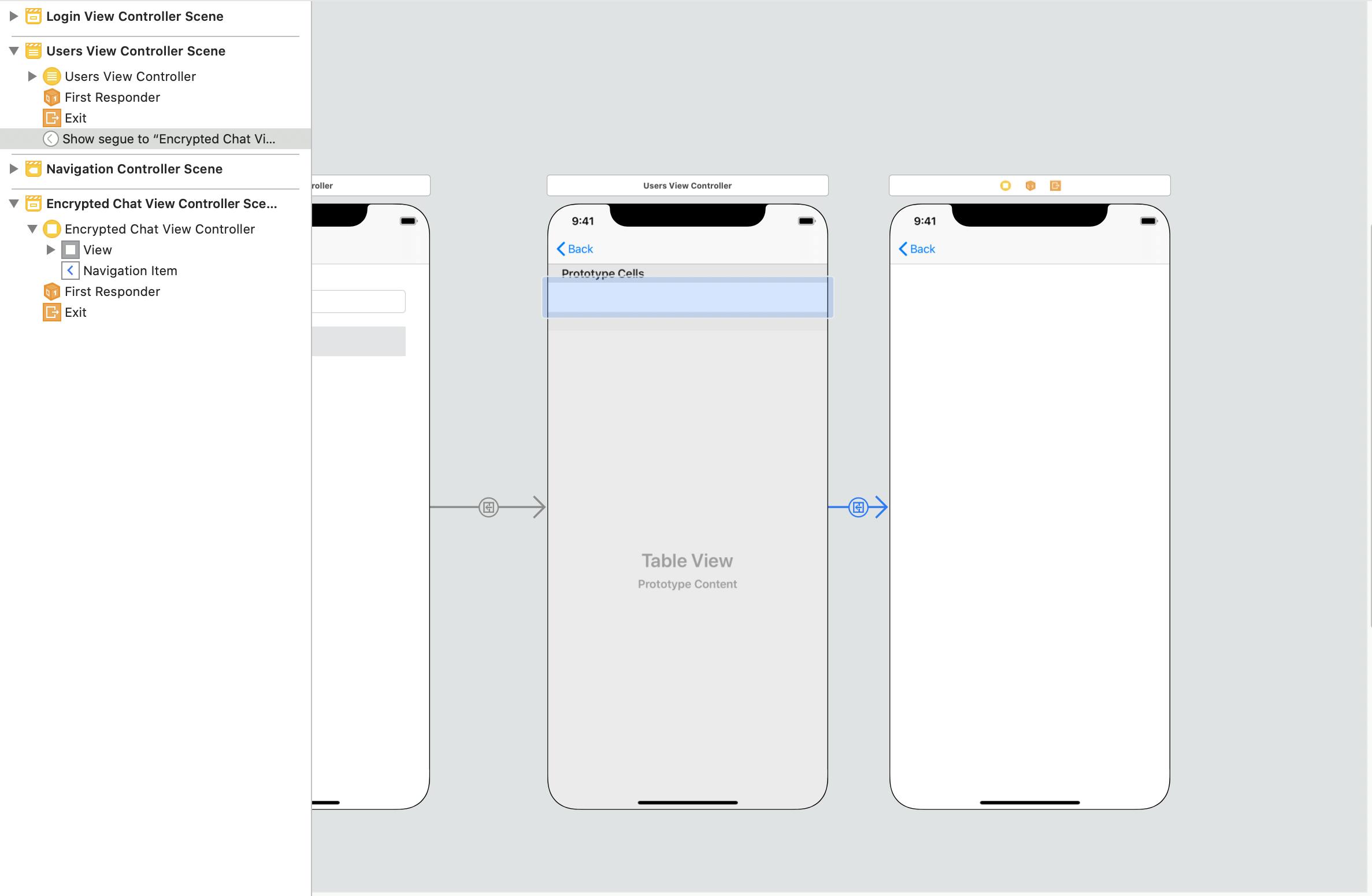 Image shows the same storyboard, now highlighting the segue between the users and encrypted chat controller