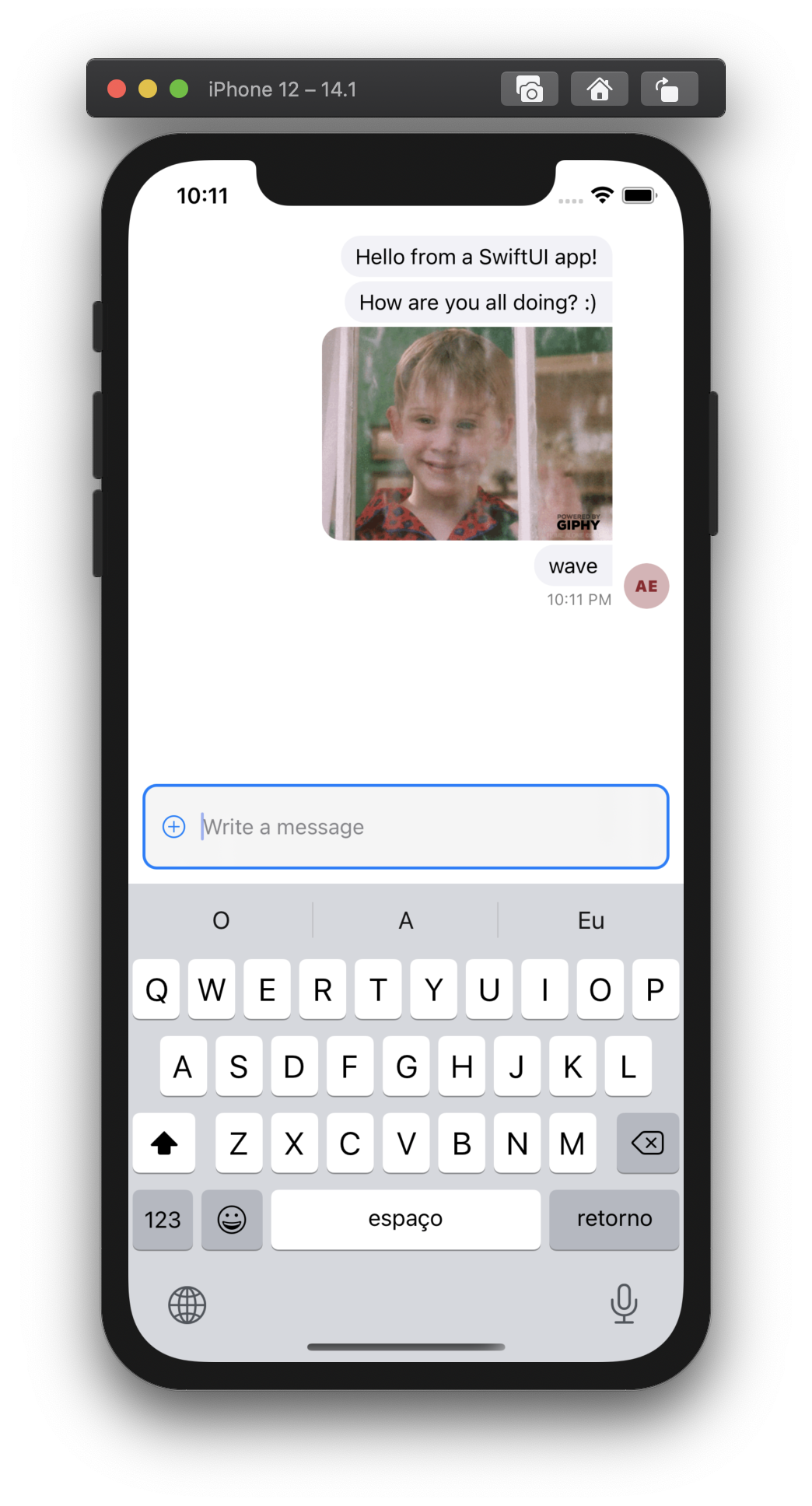 Image shows a chat screen running inside a SwiftUI app