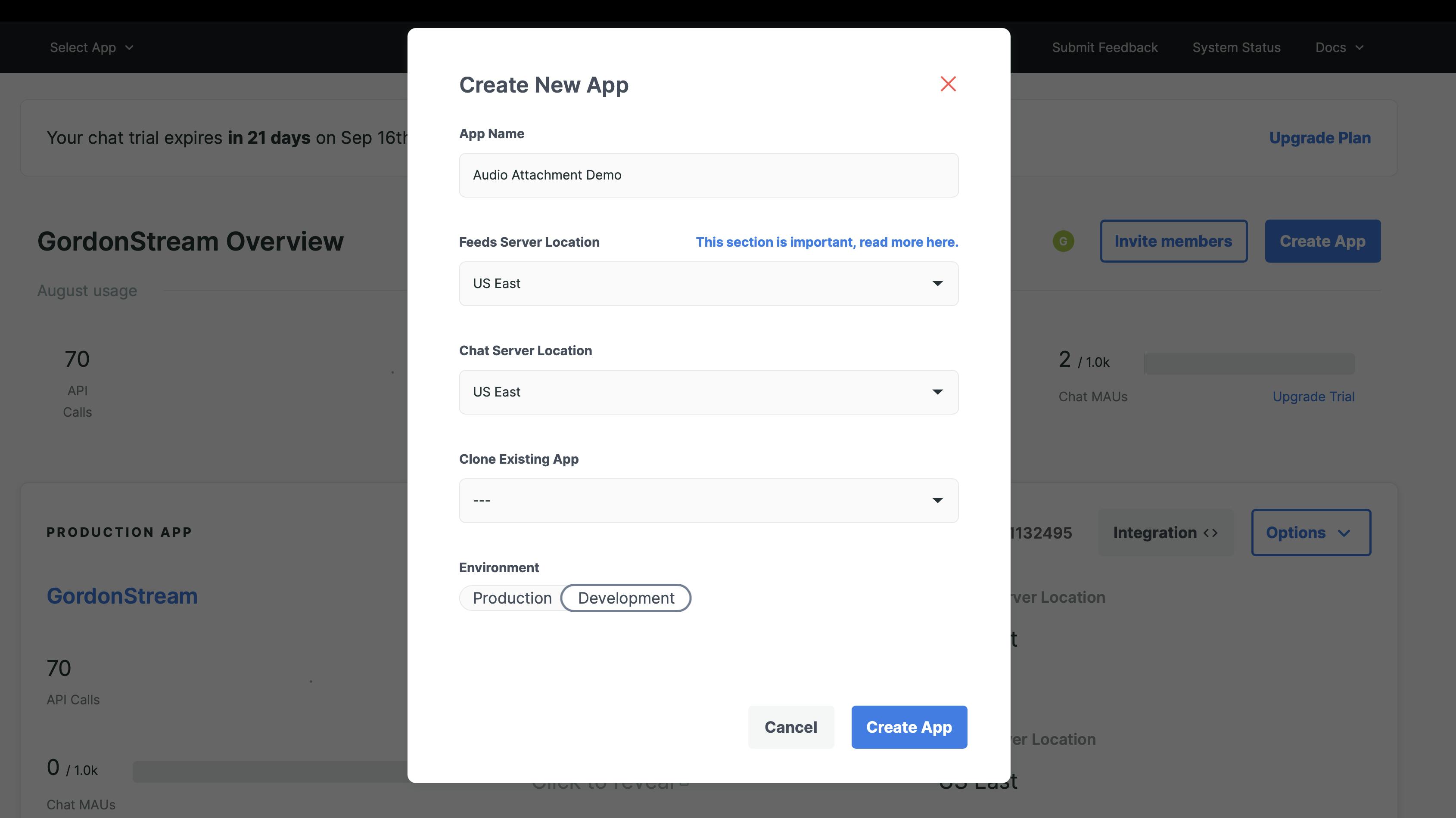 Create an app form in the Stream dashboard