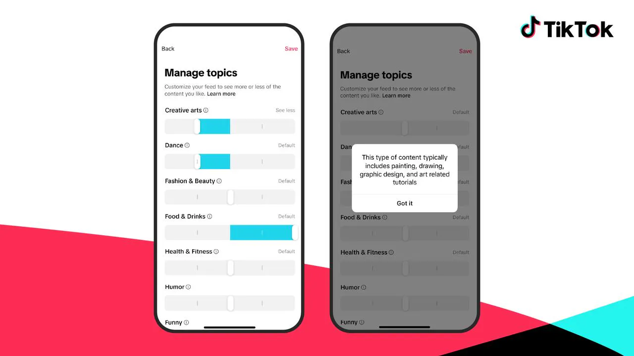 Image showing screenshots of TikTok feed topic customization