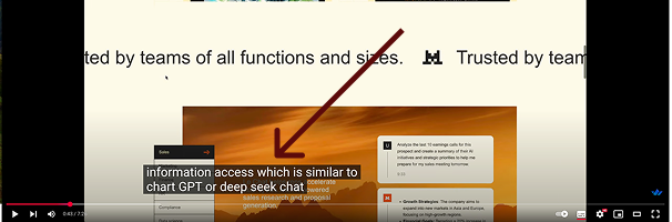 YouTube video screenshot with a dark arrow pointing to the captions: "information access which is similar to chart GPT or deep seek chat." The video progress bar shows 0:43 of a 7:26 runtime.