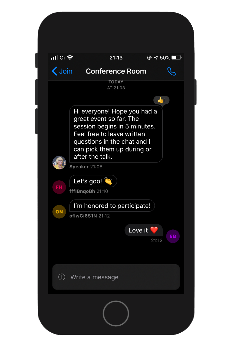 Image shows a screenshot of a conversation in a chat screen with conference attendees and a speaker
