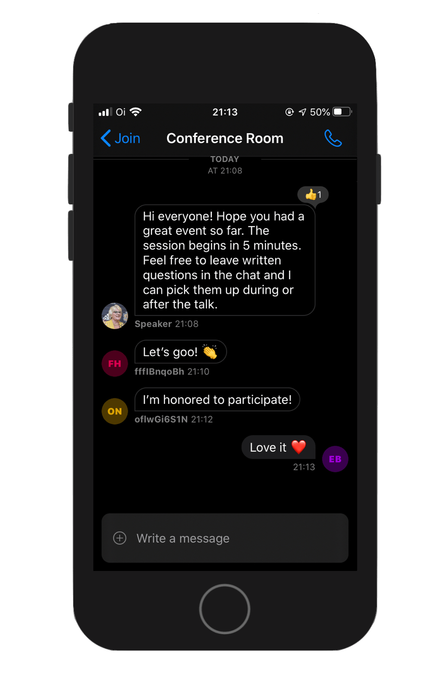 Image shows a screenshot of a conversation in a chat screen with conference attendees and a speaker