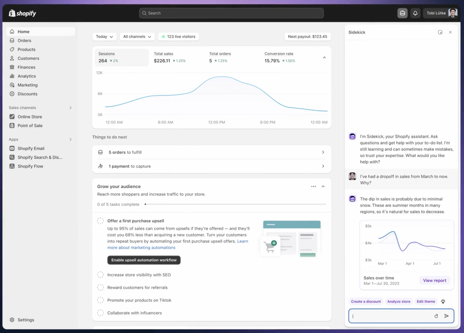 Shopify's Sidekick assistant providing conversational data insights on a merchant dashboard