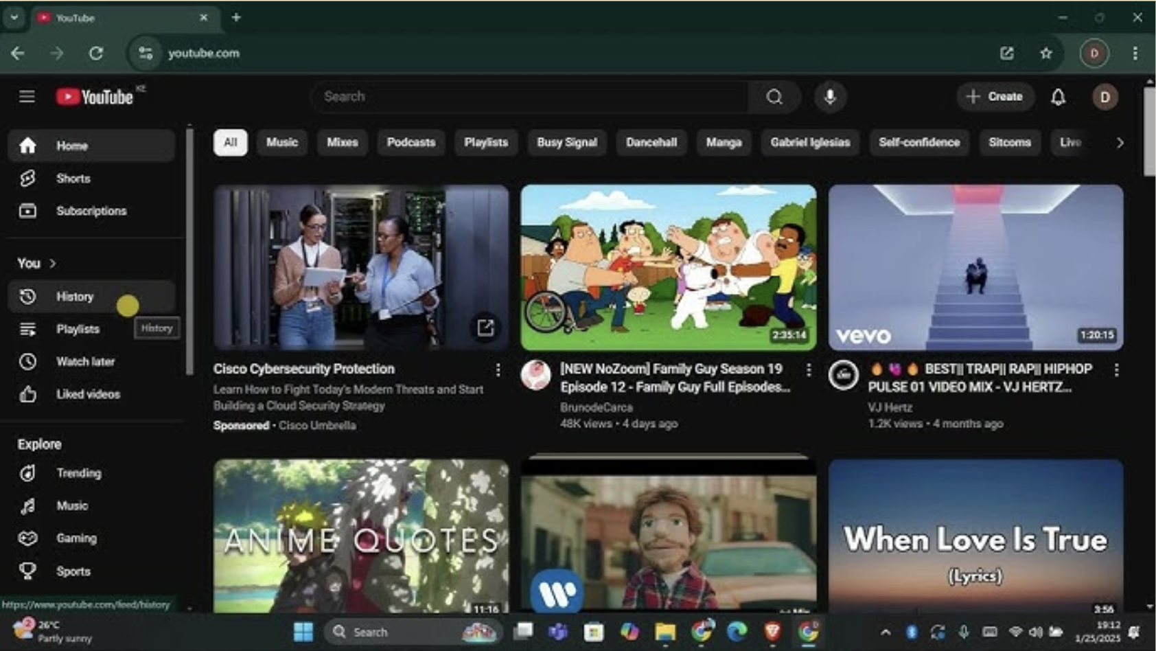 Example of YouTube homepage showing recommended videos
