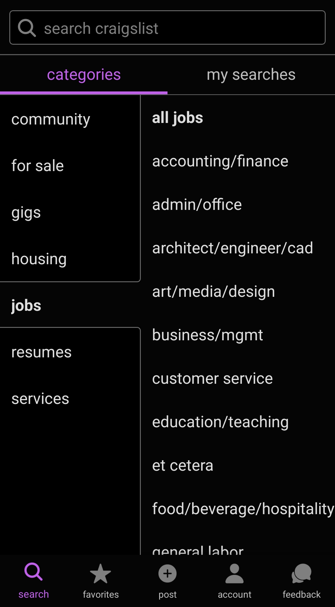 Screenshot of the Craigslist app