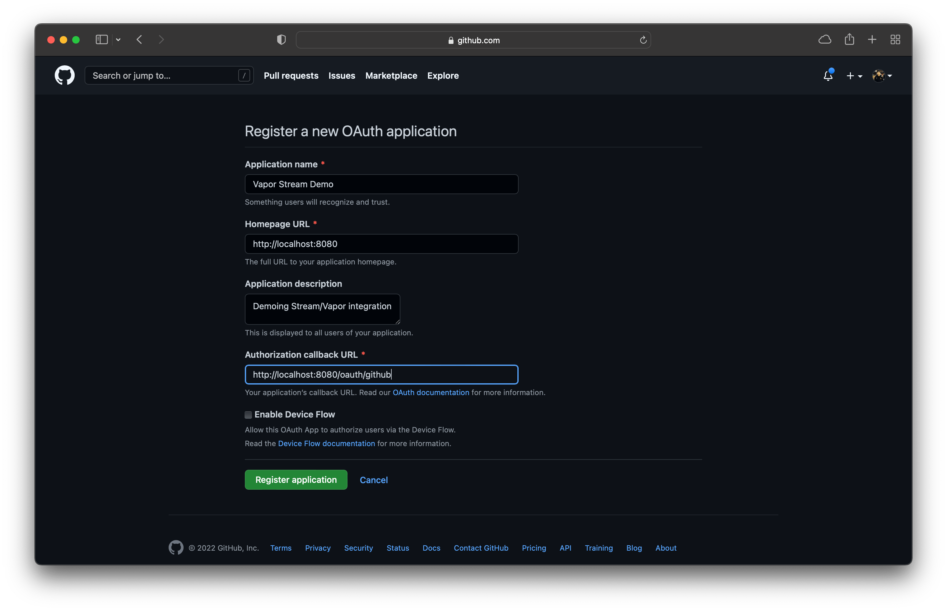 Github create new application