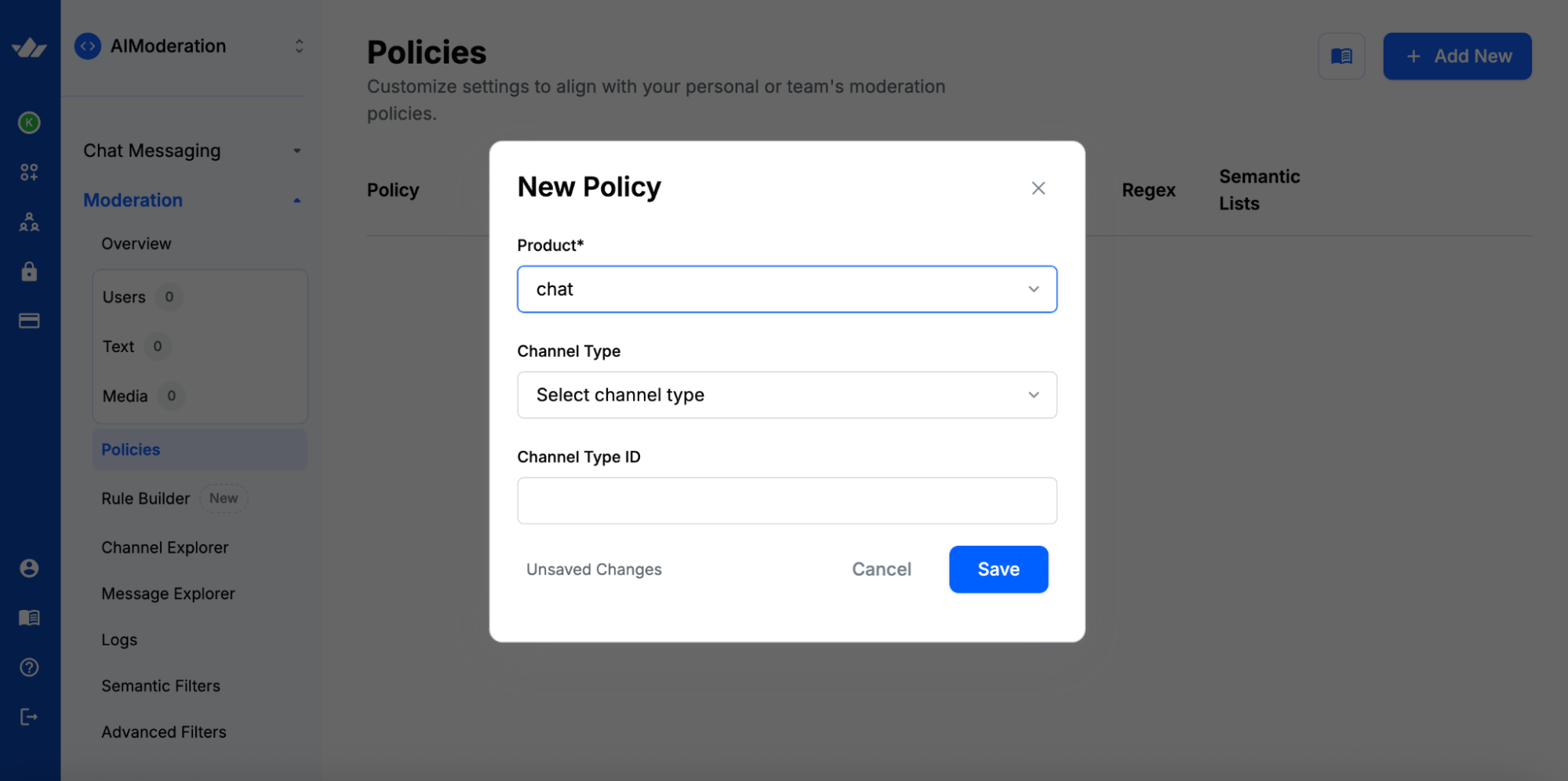Adding a new policy in Stream's moderation dashboard