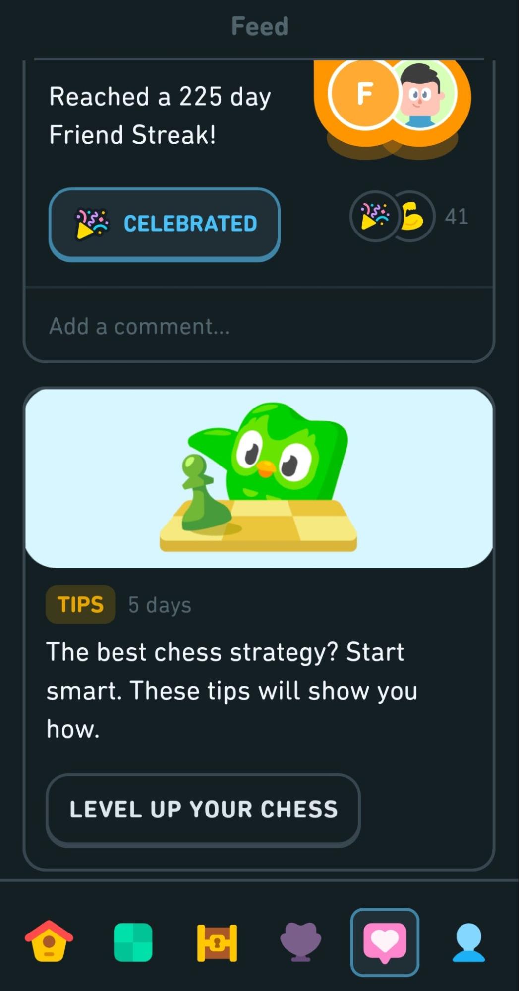 Screenshot of Duolingo's social feed