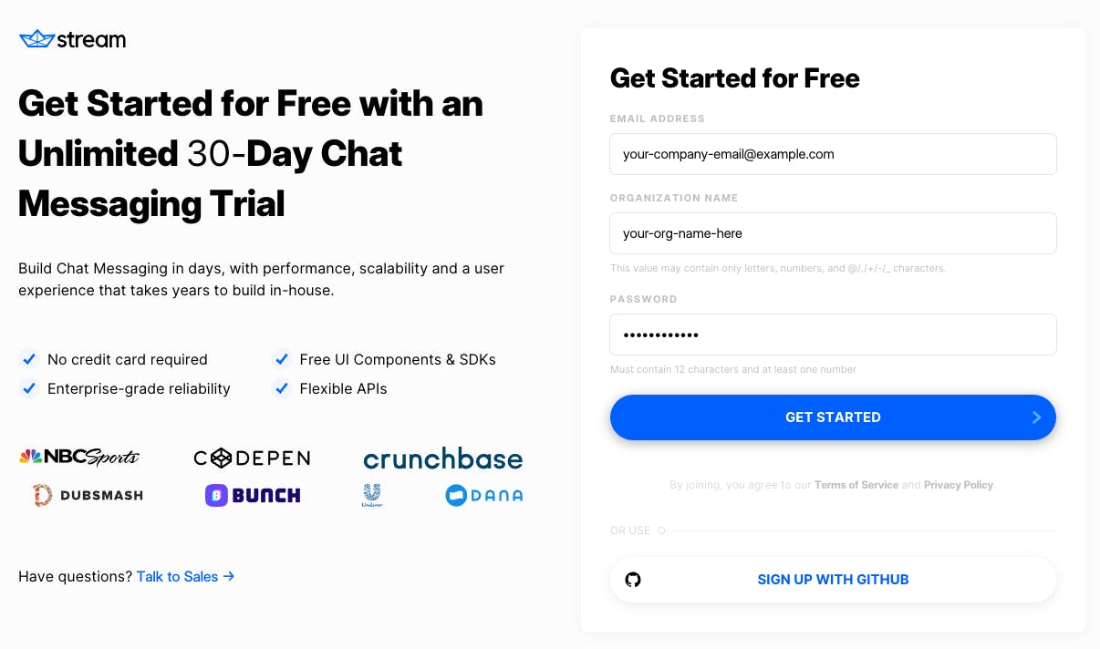 The Stream Chat trial sign-up page