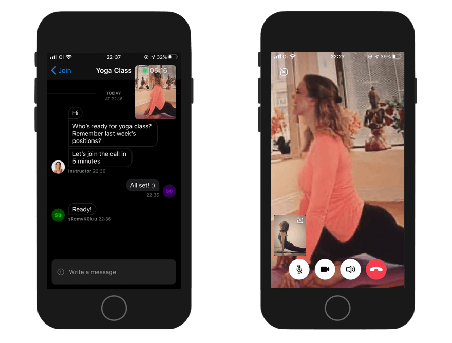 Image shows two screenshots of the live fitness app, one from the chat screen with a small video overlay with the instructor, and another with a fullscreen video of the instructor