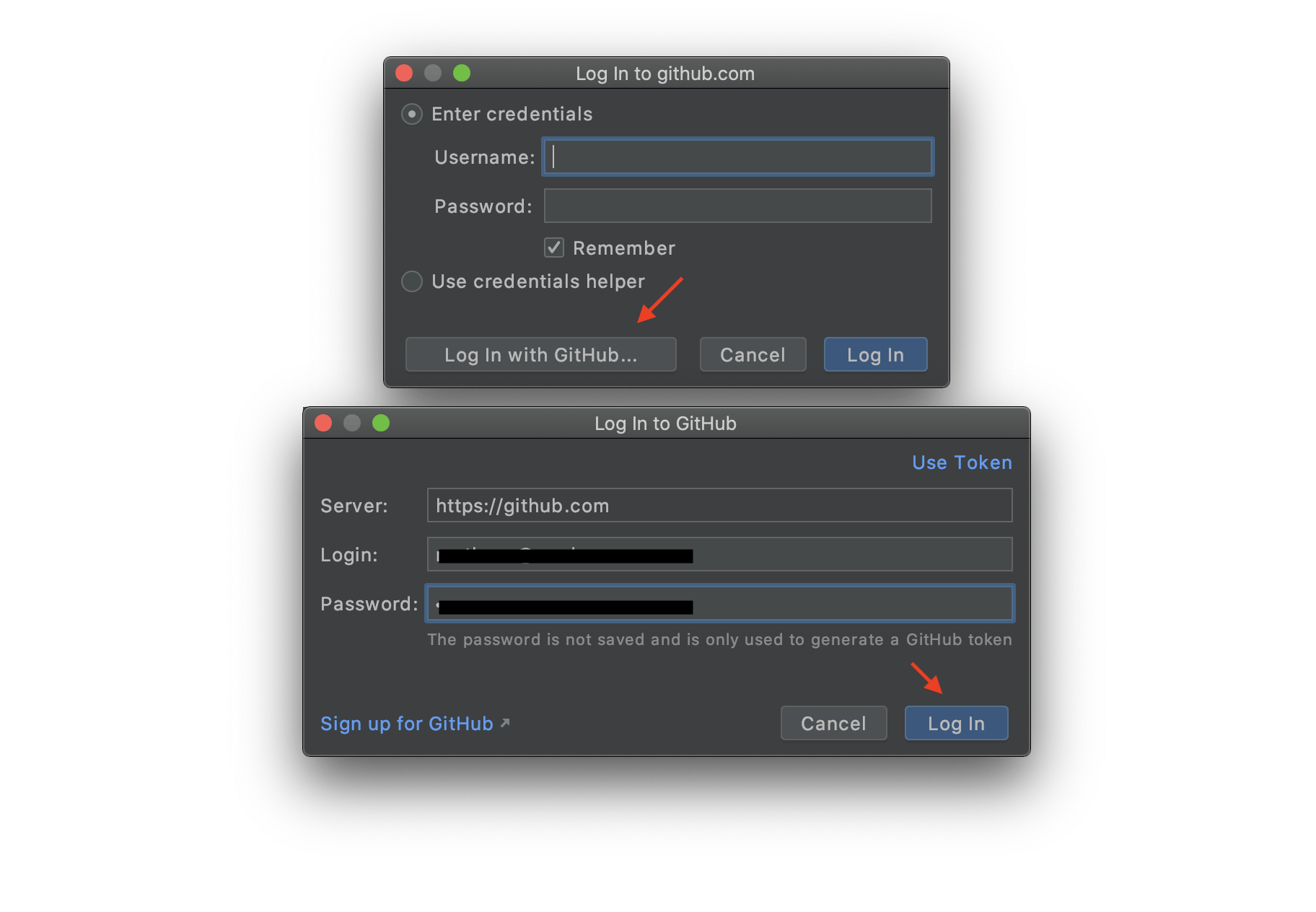 Image shows dialogs to authenticate with GitHub