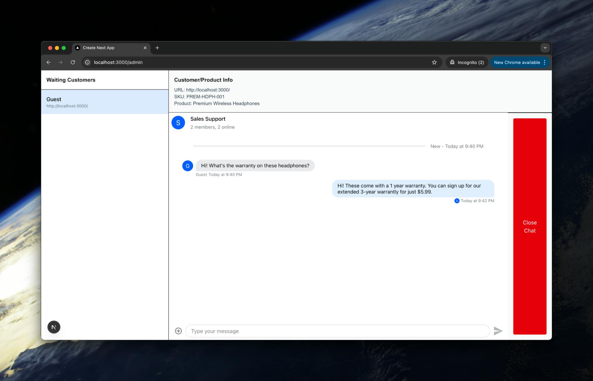 Sales chat widget open