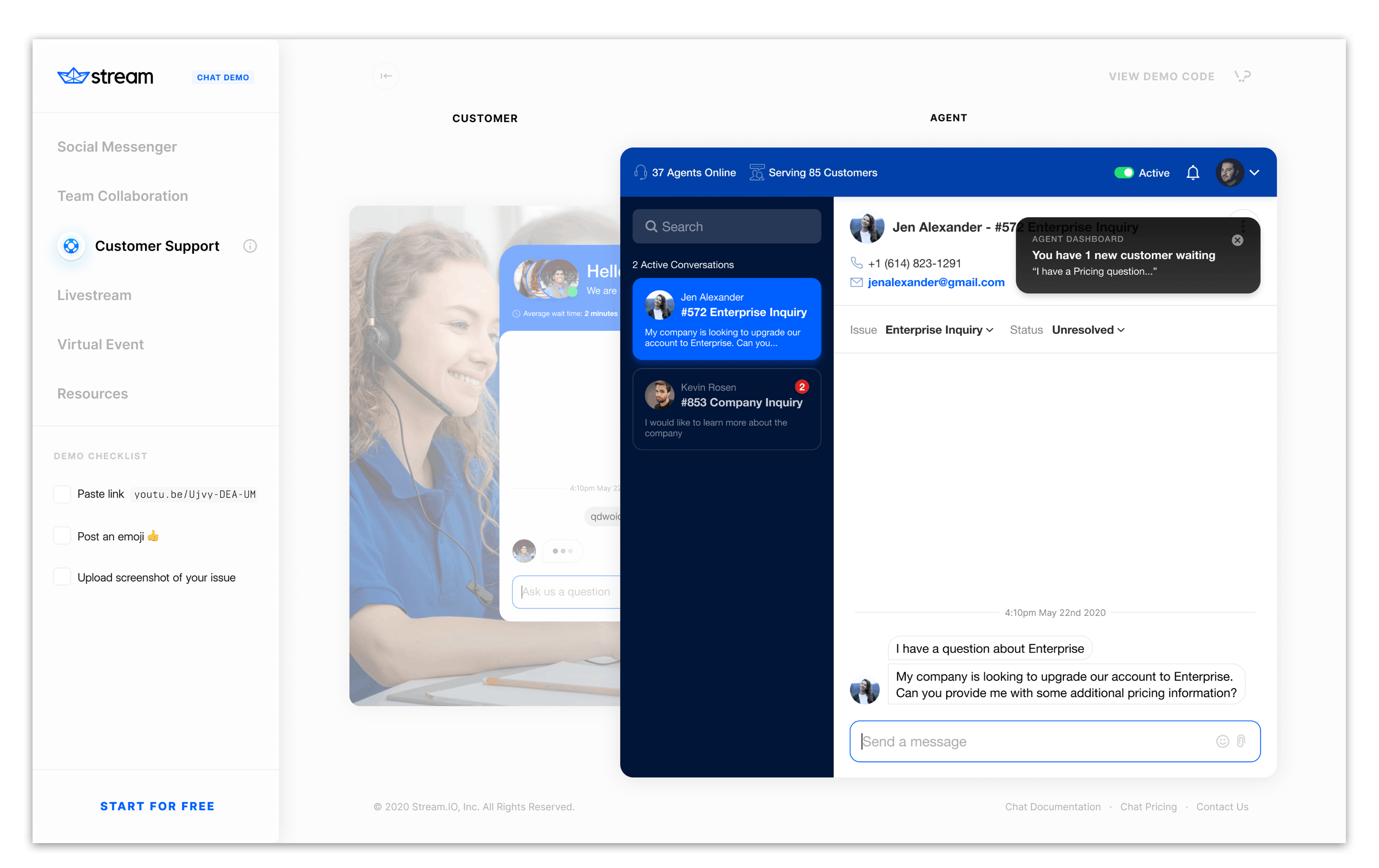 a customer service agent view for live chat support