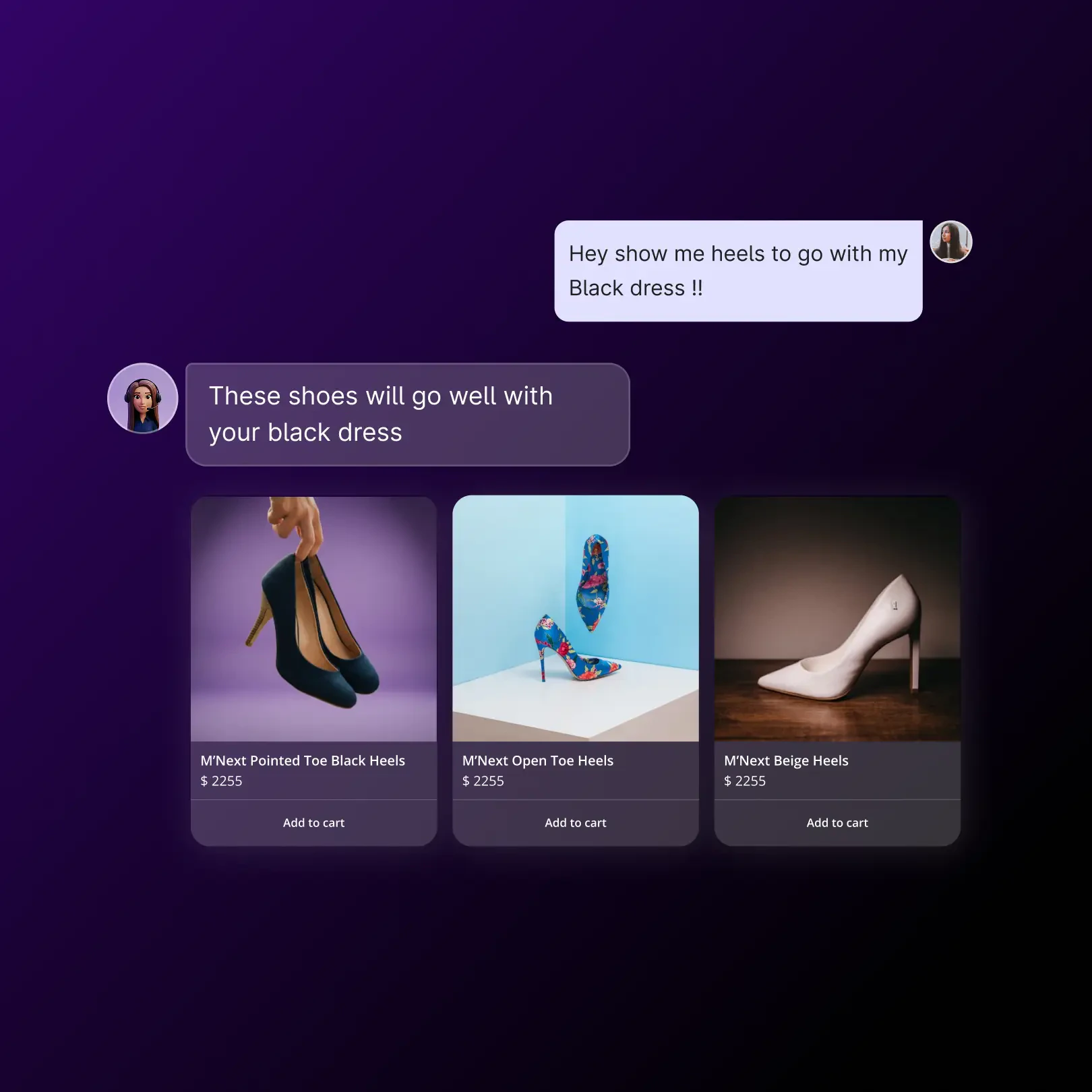 AI shopping assistant recommending heels to match a black dress with add-to-cart options