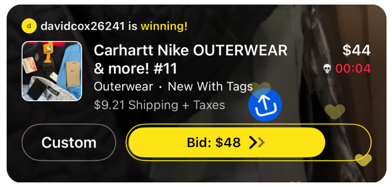 Winning bid and countdown timer visible during a live auction