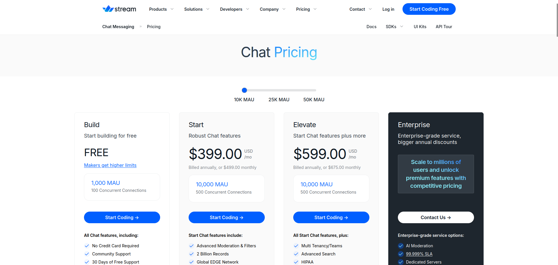 Stream Chat pricing landing page