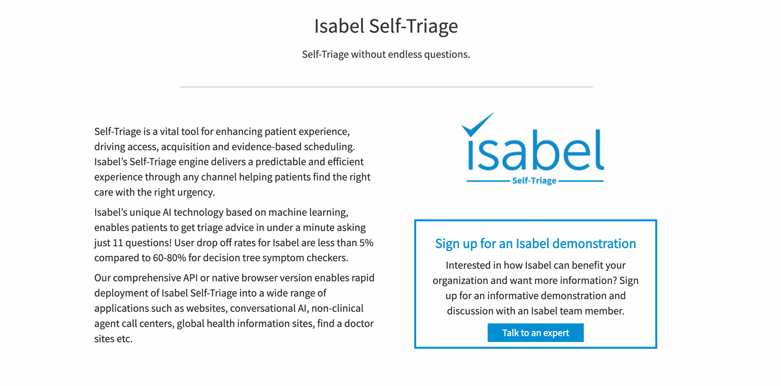 Isabel Self-Triage landing page