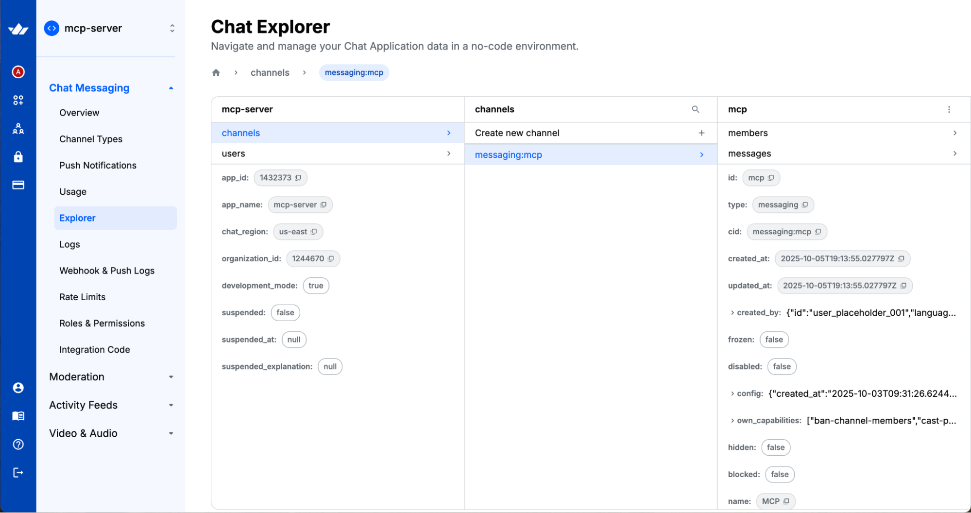 Stream dashboard showing an MCP server executing a Stream API call