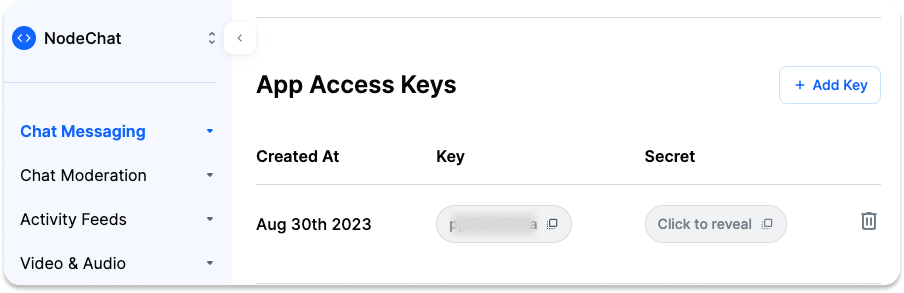A preview of your API key and secret