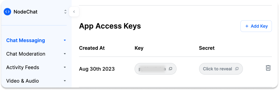 A preview of your API key and secret