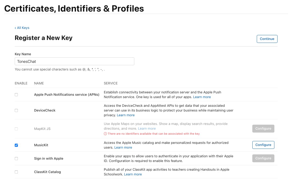Image shows new key being registered on the apple developer website