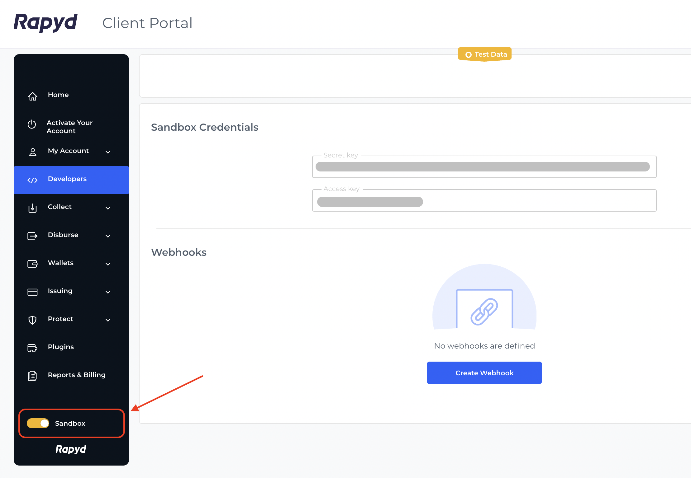 Rapyd API dashboard where you can select Sandbox mode.