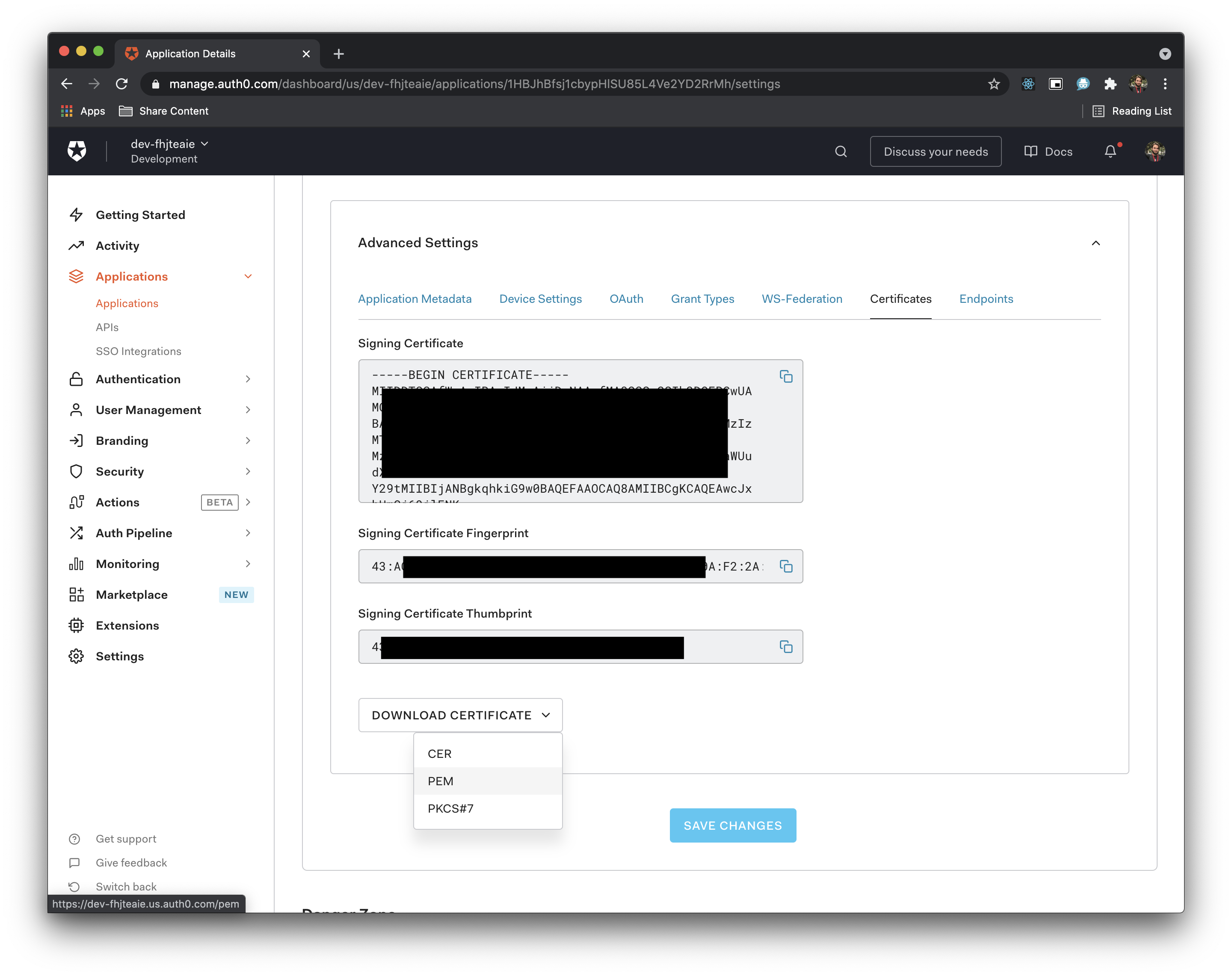 Image shows user downloading PEM certificate in Auth0 dashboard