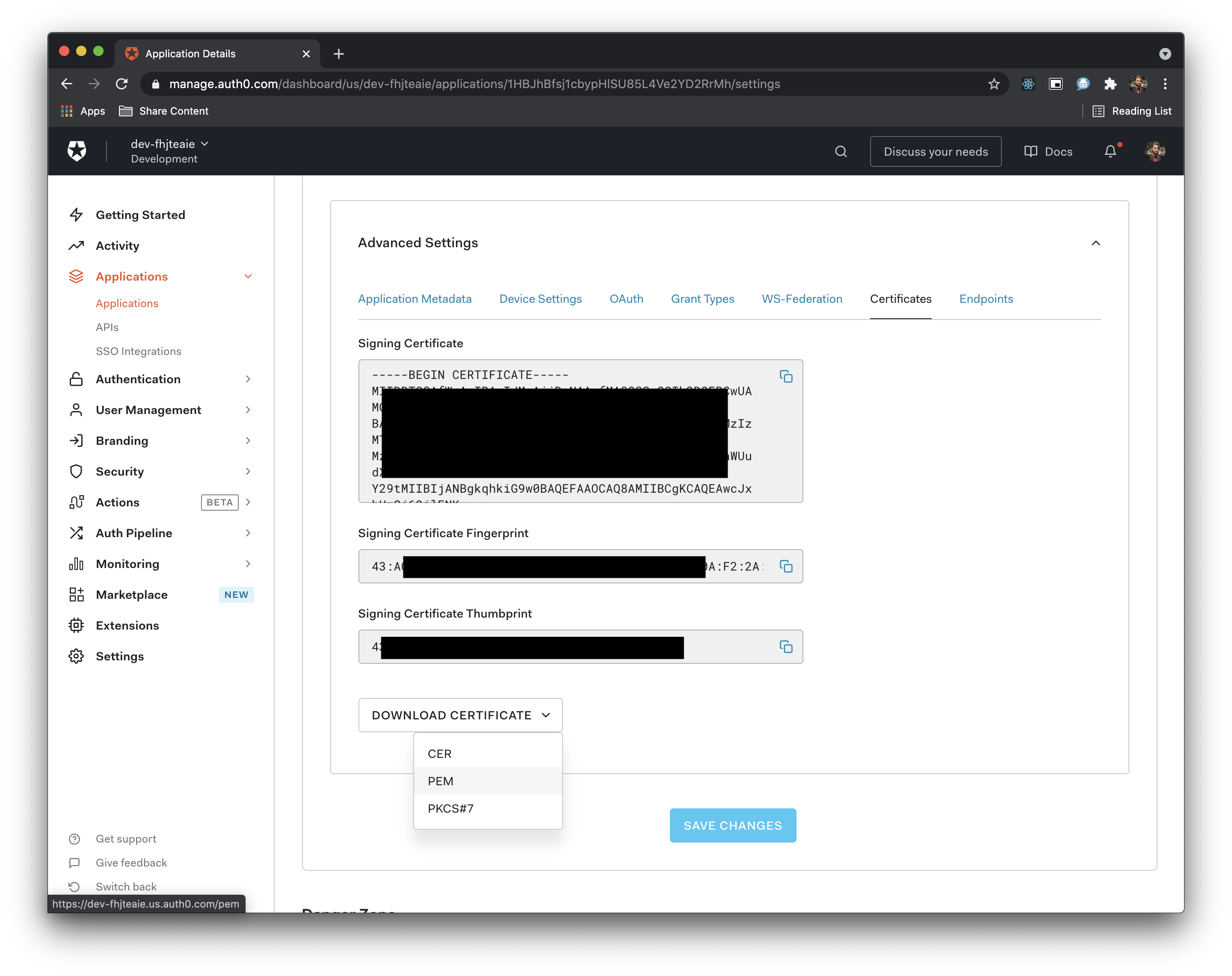 Image shows user downloading PEM certificate in Auth0 dashboard