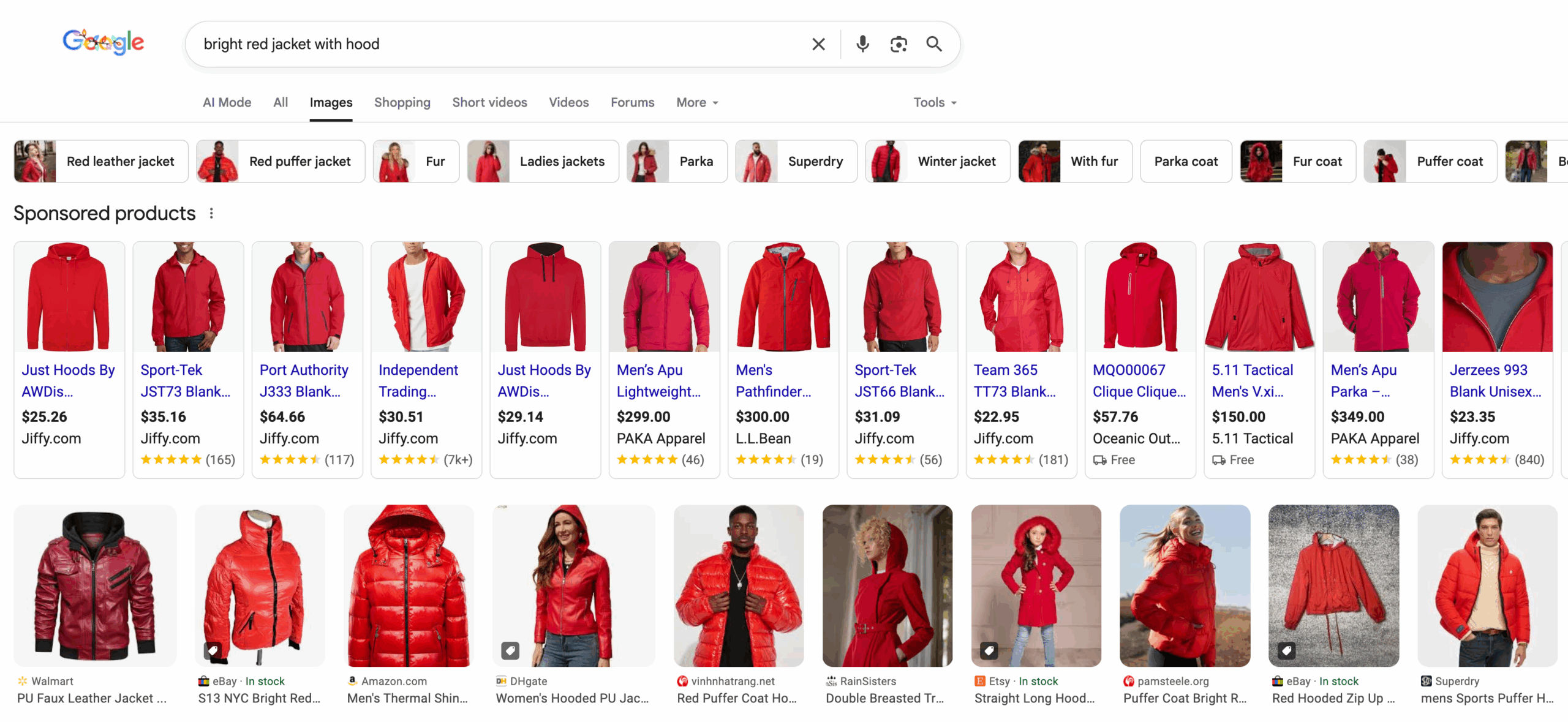 Google Image Search shows multiple red jacket options from various eCommerce sites