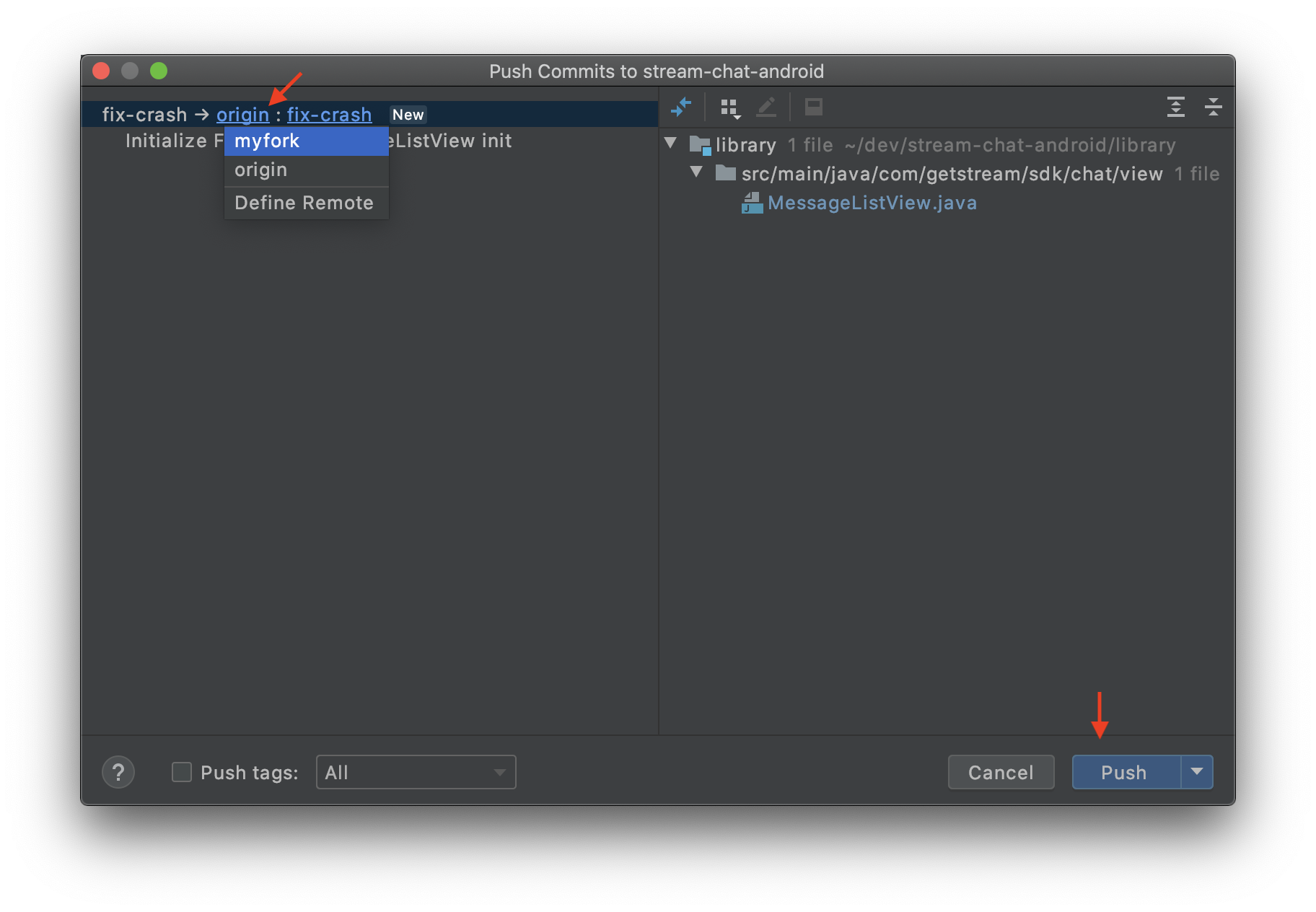 android studio github push to existing repository