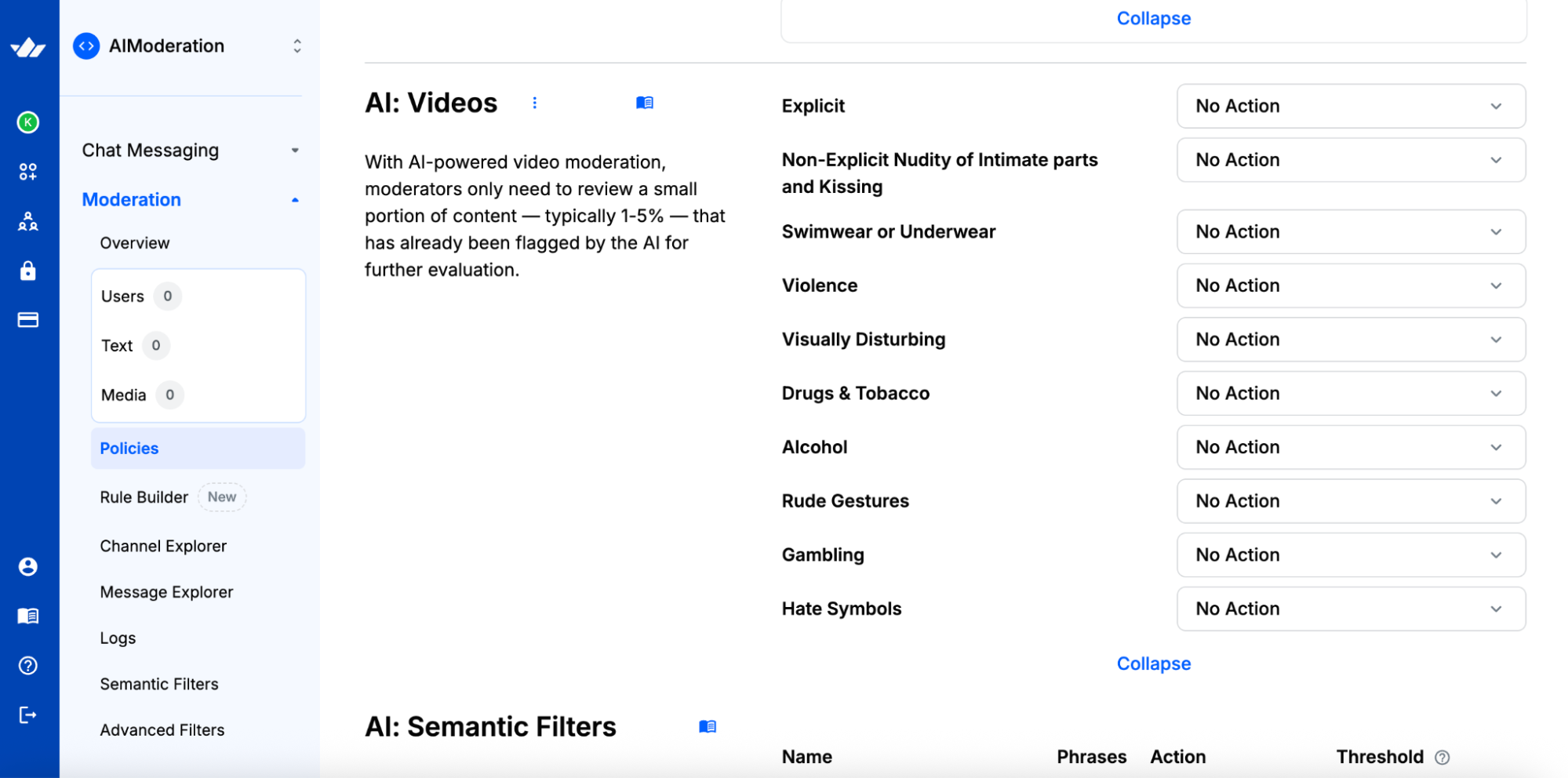 The AI Video Moderation section of Stream's Moderation dashboard