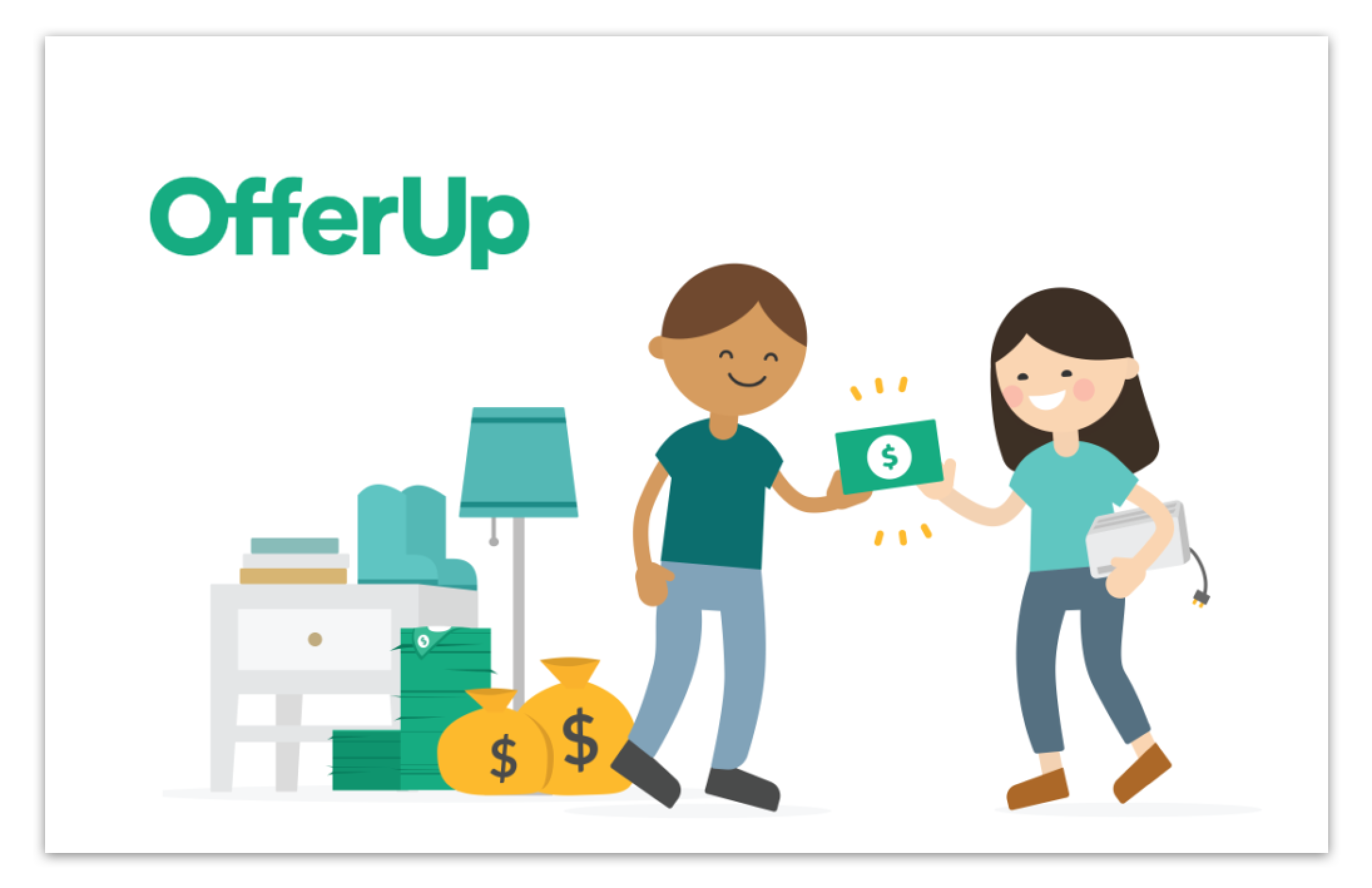 illustrated graphic of two people exchanging items for money with OfferUp branding