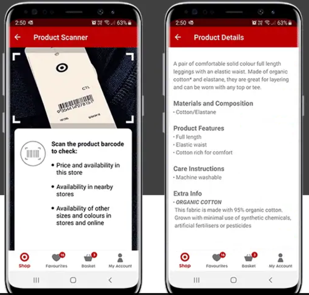 Target app scans a product barcode to show availability, materials, and nearby store options