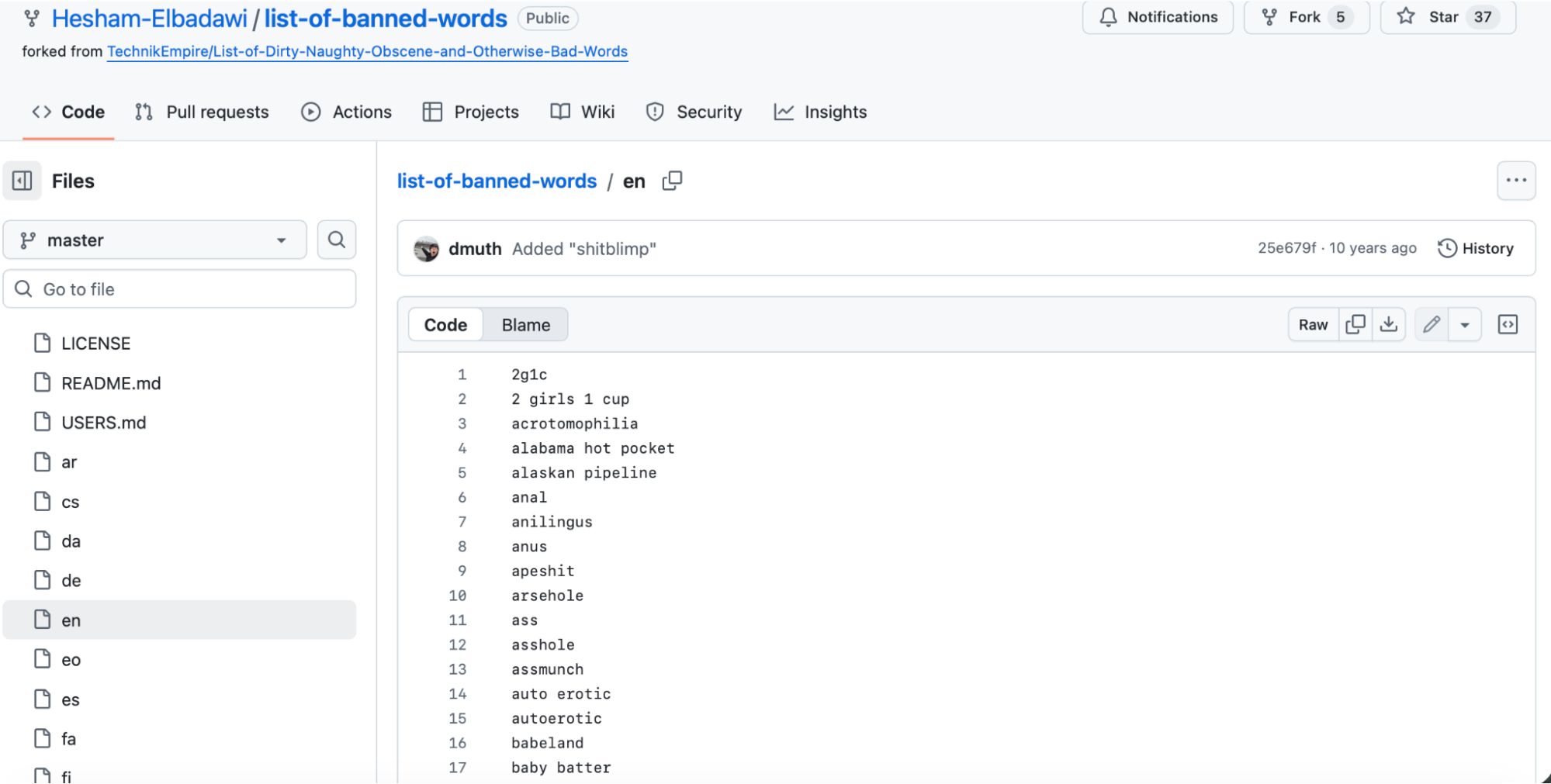 Example of a banned keyword lists in GitHub
