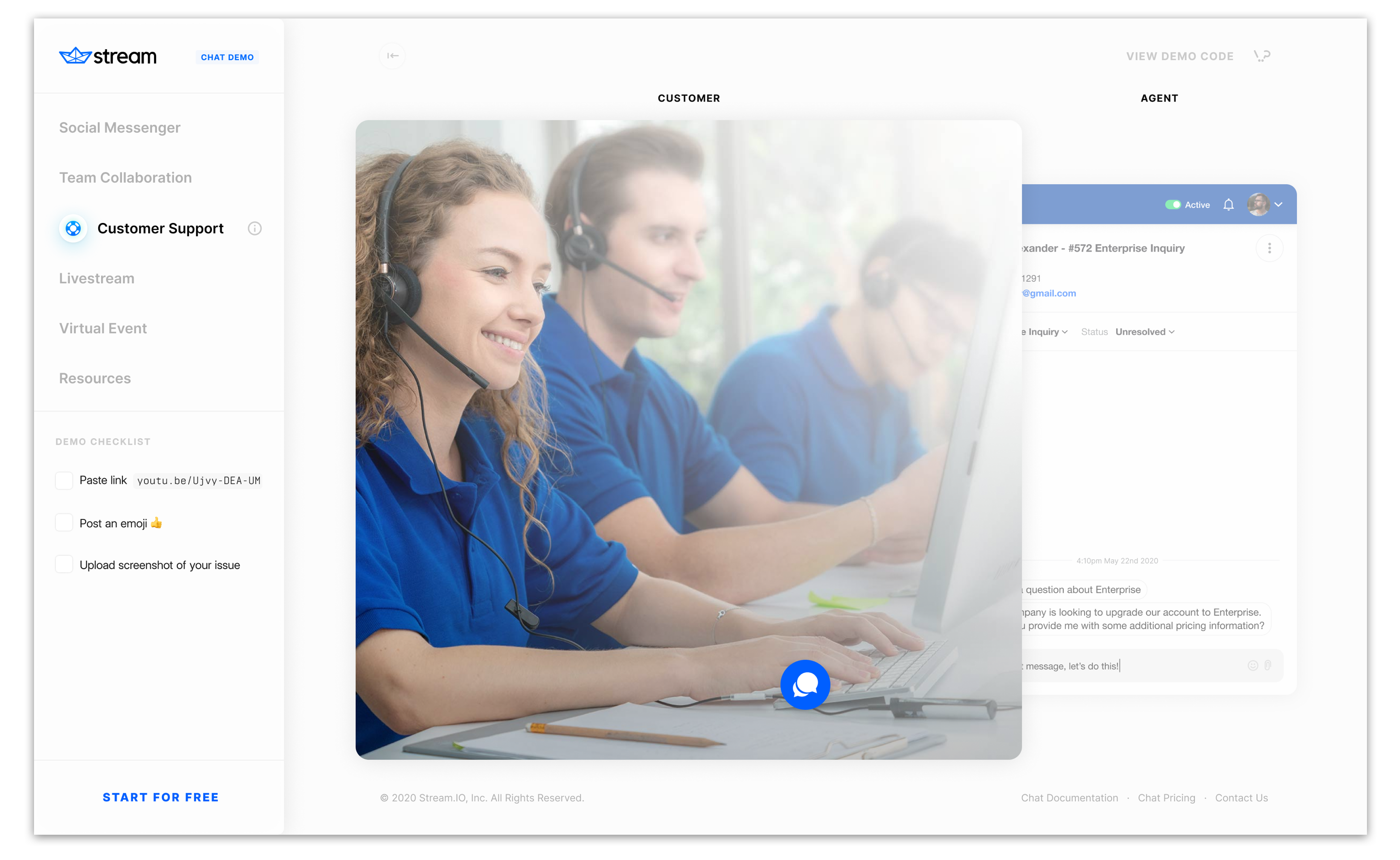 3 live chat agents with headsets and blue polo shirts with a support chat ui screenshot behind them